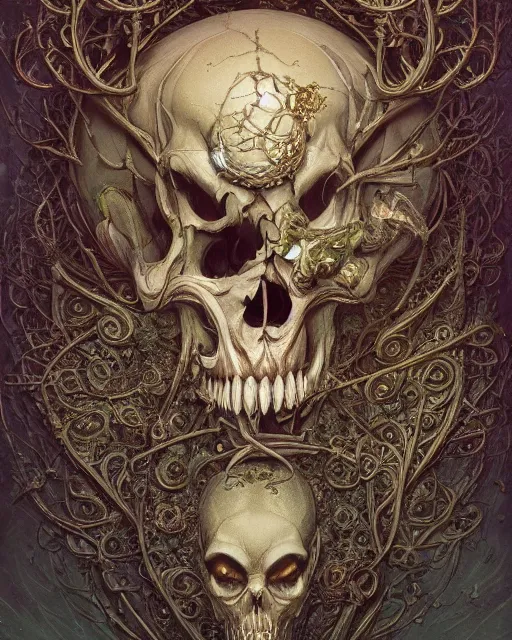 Image similar to a beautiful detailed front view of a dead rotten skull with ornate growing around, ornamentation, baroque architecture, elegant, beautifully soft lit, by wayne barlowe, peter mohrbacher, kelly mckernan