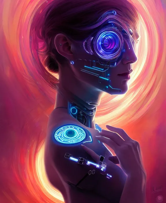 Image similar to a whirlwind of souls rushing inside the metaverse, hologram, half body, neurochip, shaved temple, piercing, jewelry, android, cyborg, cyberpunk face, by loish, d & d, fantasy, intricate, elegant, highly detailed, colorful, digital painting, artstation, concept art, art by artgerm and greg rutkowski and alphonse mucha