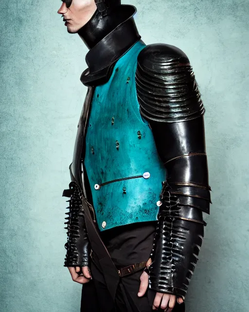 Image similar to an award - winning photo of a male model wearing a baggy teal distressed medieval menswear leather jacket inspired by medieval armour designed by alexander mcqueen, 4 k, studio lighting, wide angle lens