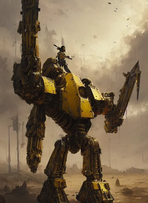 Prompt: human-sized strong intricate yellow pit droid carrying very detailed perfect antique great sword and beautiful large paladin shield, pancake short large head, exposed metal bones, painterly humanoid mecha, slightly far away, by Greg Rutkowski, epic painting