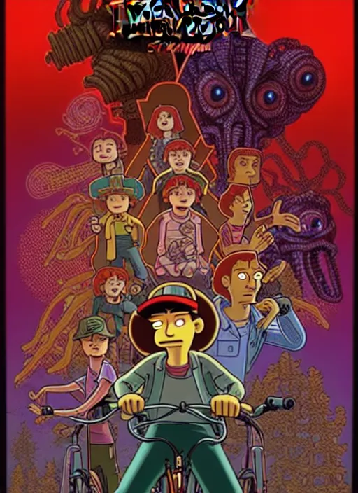 Prompt: animated version of Futurama Stranger Things scene with Demogorgon, cartoon, detailed faces, high resolution, hyper detailed, intricate, illustrated, dramatic lighting, illustration, concept art, smooth, sharp focus, art by Alphonse Mucha and Matt Groening !n-9