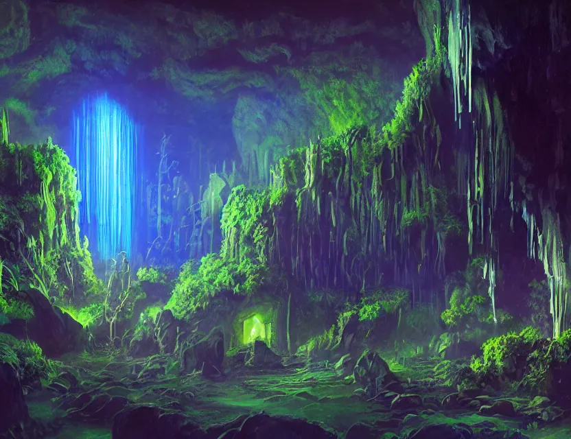 Prompt: futuristic nightclub in a dripstone cave with plants. oil painting by award - winning concept artist. backlighting, chiaroscuro, field of depth.