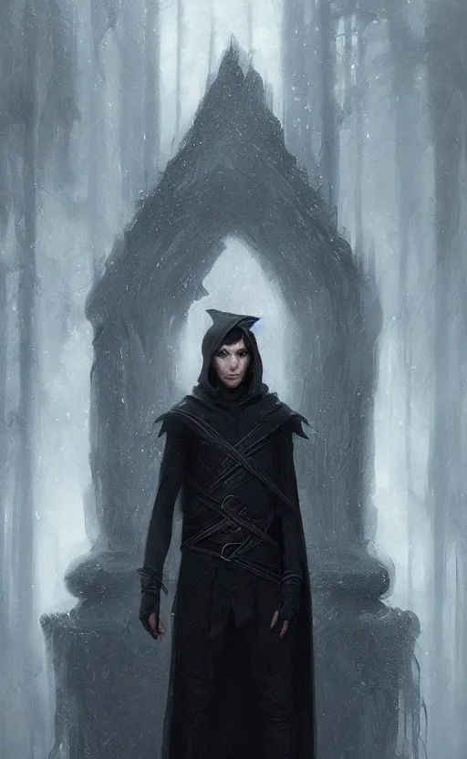 Image similar to Portrait of an elf in a black cloak, black hair, glowing eyes, male, detailed face, fantasy, highly detailed, cinematic lighting, digital art painting by greg rutkowski