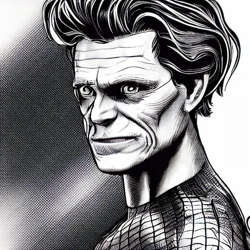Prompt: spiderman with the head of willem dafoe, highly detailed digital art
