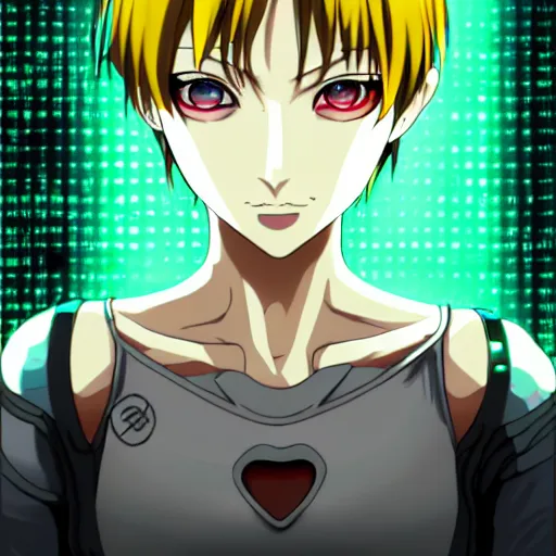 Image similar to female cyberpunk anime girl, yellow eye and red eye, symmetrical faces and eyes symmetrical body, middle shot waist up, Madhouse anime studios, Black Lagoon, Perfect Blue, Wit studio anime, studio lighting