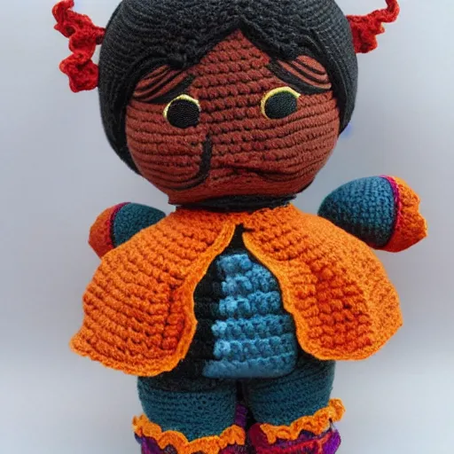 Prompt: a crocheted doll version of keqing from genshin impact