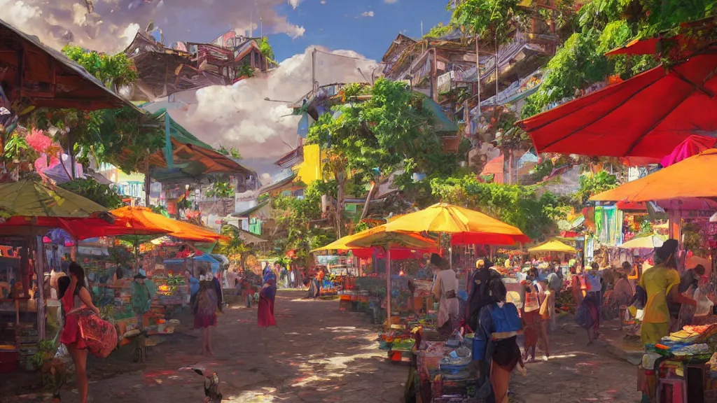 Prompt: colorful marketplace in Reunion Island, anime, digital painting by Greg Rutkowski, by James Gurney,trending on artstation,highly detailed