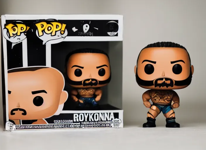 Image similar to product still of Dwayne Johnson funko pop with box, 85mm f1.8