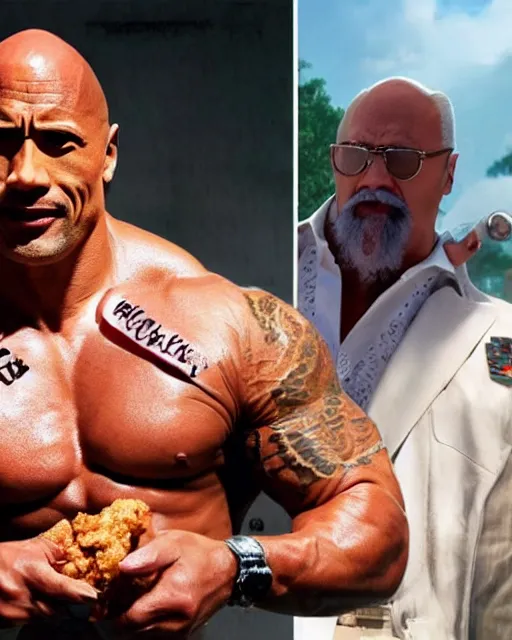 Image similar to dwayne johnson as colonel sanders eating fried chicken