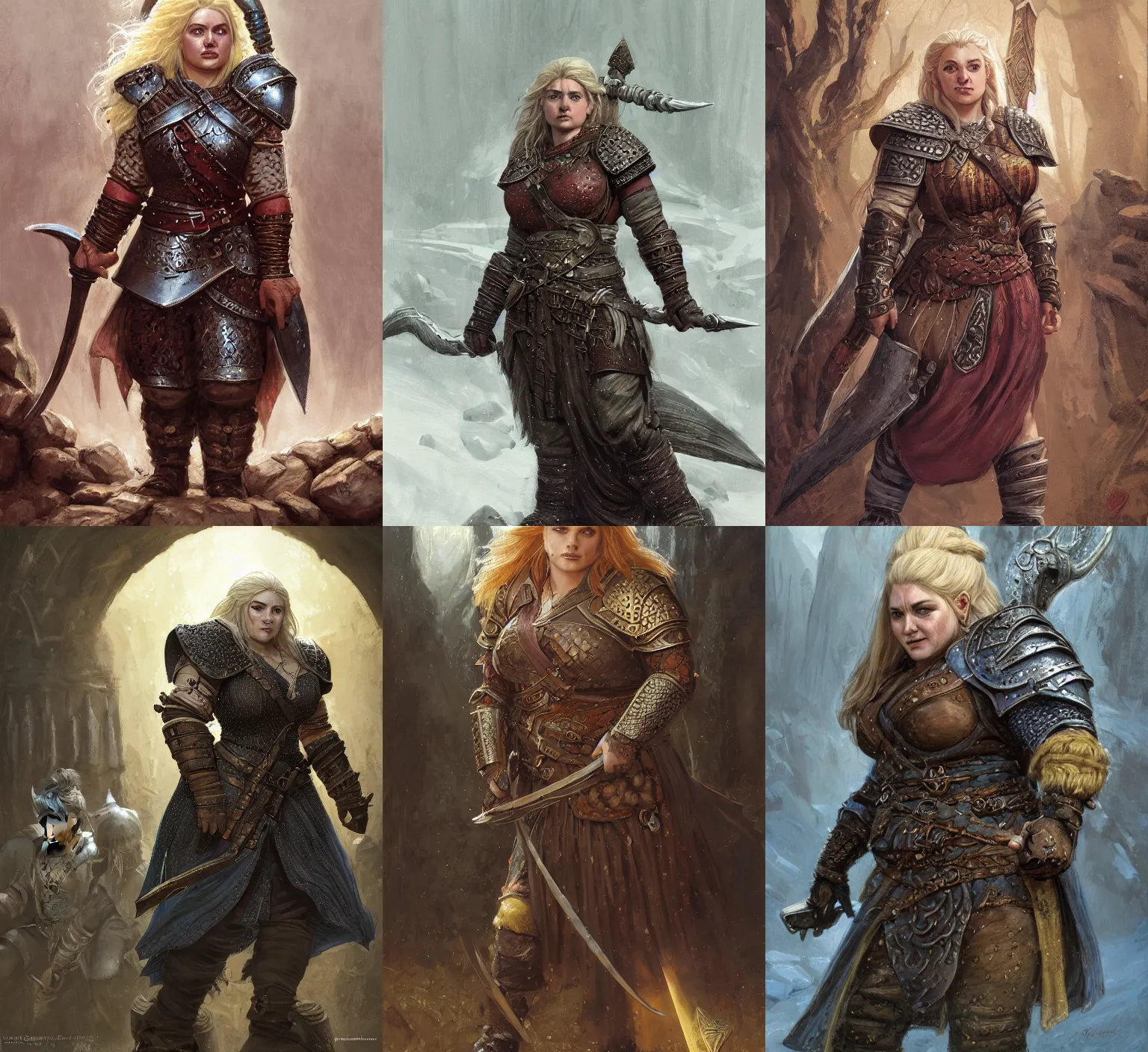 Prompt: Boldara the female dwarf. A noble dwarven warrior and blacksmith wearing iron breastplate. Chubby plump body. complex blonde braided hair. Fantasy concept art. Moody Epic painting by James Gurney, and donato giancola. ArtstationHQ. painting with Vivid color. (Dragon age, witcher 3, lotr)