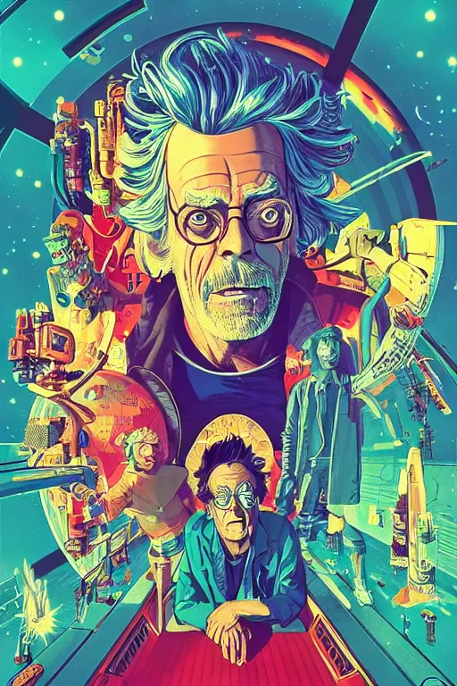 Image similar to Christopher Lloyd as Rick Sanchez, Harry Styles as Morty Smith, science fiction, retro cover, high details, intricate details, by vincent di fate, artgerm julie bell beeple, 60s, inking, vintage 60s print, screen print