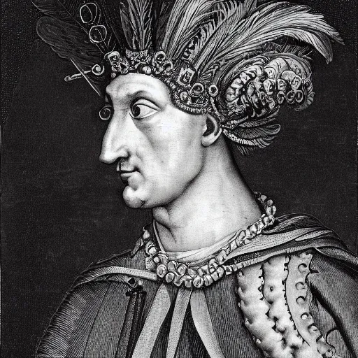 Image similar to a renaissance style portrait of a rooster (Gallus domesticus) wearing a crown and a cape, dark background