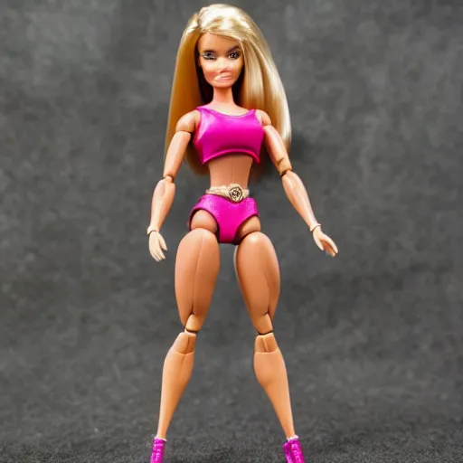 Image similar to combination of barbie and he - man, muscular girl toy, action figure, powerful muscles, detailed joints, toy photography