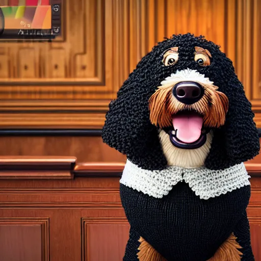 Image similar to a closeup photorealistic photograph of a cute smiling knitted bernedoodle judge dog dressed in a black gown, presiding over the courthouse. indoor image, professional capture, well lit shot. this 4 k hd image is trending on artstation, featured on behance, well - rendered, extra crisp, features intricate detail, epic composition and the style of unreal engine.