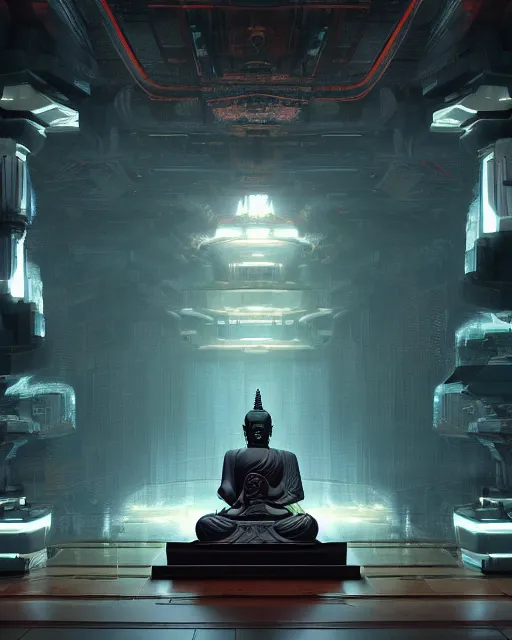 Prompt: fantasy buddhist cyber punk temple in the style of andree wallin, vitaly bulgarov, ambient lighting, octane render