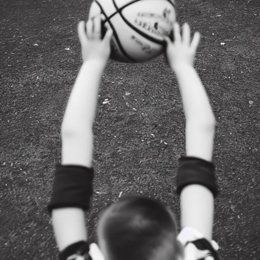 Prompt: a black and white photo of a kid shooting a basketball, mid shot, medium photography, shot from behind