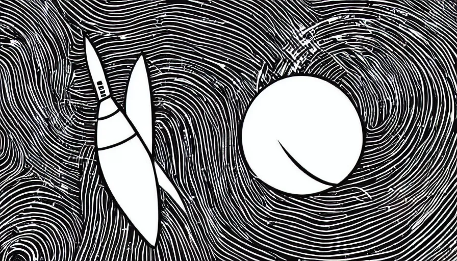 Image similar to travel to the moon with a rocket, cartoon style, black outline, on white, smooth, sharp lines, detailed