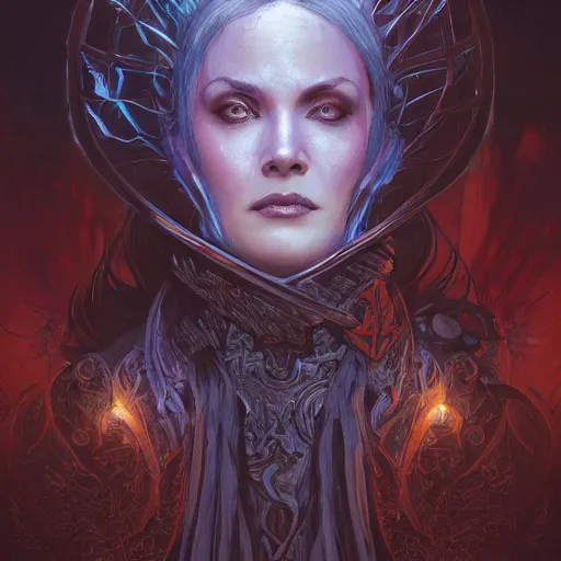 Prompt: An epic fantasy comic book style portrait of a necromancer, castle setting, horror movie lightning, intricate, elegant, highly detailed, digital painting, artstation, concept art, matte, sharp focus, illustration, art by Artgerm and Greg Rutkowski and Alphonse Mucha