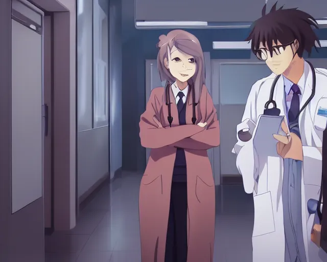 Image similar to a cute and beautiful young female doctor wearing white coat are talking with an old professor in a hospital, slice of life anime, lighting, anime scenery by Makoto shinkai