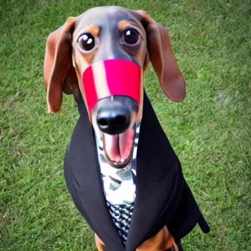 Prompt: Dachshund on stilts wearing a greyhound mask