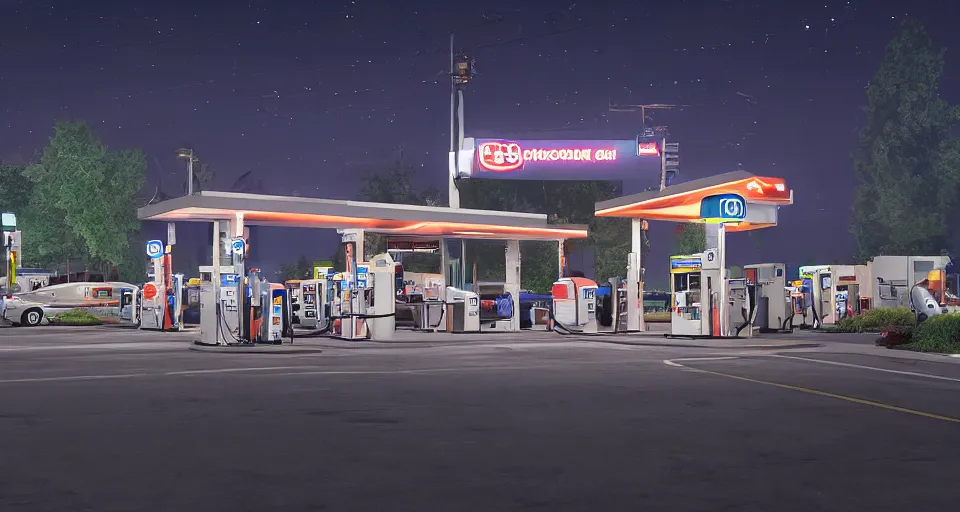 Image similar to a quaint suburban gas station at night. a colossal science fiction mech looms in the distance, realistic rendering, unreal engine, 4k, hdr, high dynamic range, f12, simon stalenhag