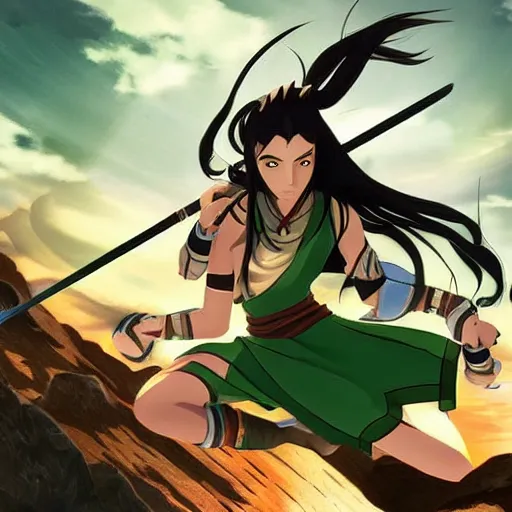 Prompt: still of akali ( league of legends ) in avatar the last airbender. digital art trending on art startion