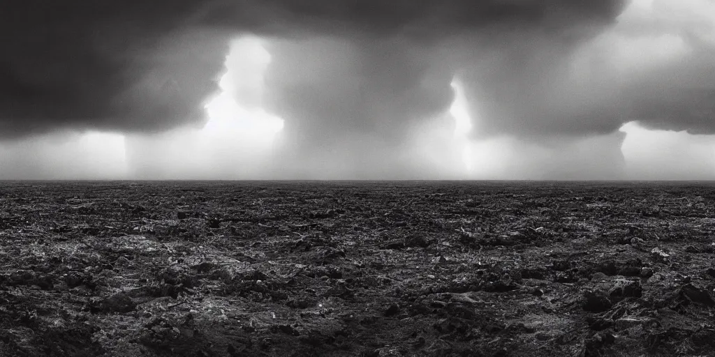 Prompt: a beautiful award-winning photo of a dark being in a desolated world, serene post-nuclear background, massive thunderclouds on the horizon, dust, wind, cosmic horror, depression, intricate details, volumetric lighting, haze, very high quality, extremely detailed, subtle visual noise, hyperrealistic, 8K