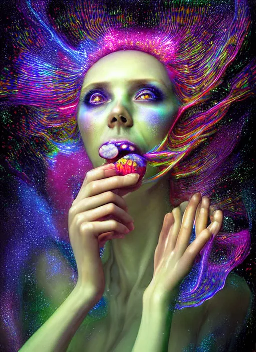 Image similar to hyper detailed 3d render like a Oil painting - Aurora (evocative cyberpunk and oil rainbow faced Singer) seen Eating of the Strangling network of sappy glistening milky Fruit and Her delicate Hands hold of gossamer polyp blossoms bring iridescent fungal flowers whose spores black out the foolish stars by Jacek Yerka, Mariusz Lewandowski, Houdini algorithmic generative render, Abstract brush strokes, Masterpiece, Edward Hopper and James Gilleard, Zdzislaw Beksinski, Mark Ryden, Wolfgang Lettl, hints of Yayoi Kasuma, octane render, 8k