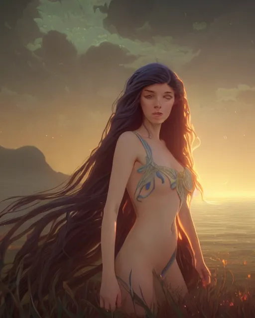 Image similar to highly detailed surreal vfx portrait of female water mage with long - brown flowing hair, blue eyes, stephen bliss, unreal engine, greg rutkowski, loish, rhads, beeple, makoto shinkai and lois van baarle, ilya kuvshinov, rossdraws, tom bagshaw, alphonse mucha, global illumination, detailed and intricate environment