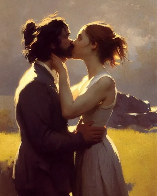 Image similar to a guy and a girl kissing, art by greg rutkowski, gustave courbet, rosa bonheur, edward hopper. faithfully depicted facial expression, perfect anatomy, sharp focus, global illumination, radiant light, detailed and intricate environment, trending on artstation