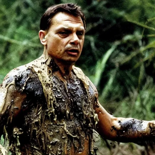 Image similar to film still of hungarian prime minister viktor orban as major dutch, covered in mud and hiding from the predator predator predator in swamp scene in 1 9 8 7 movie predator, hd, 4 k