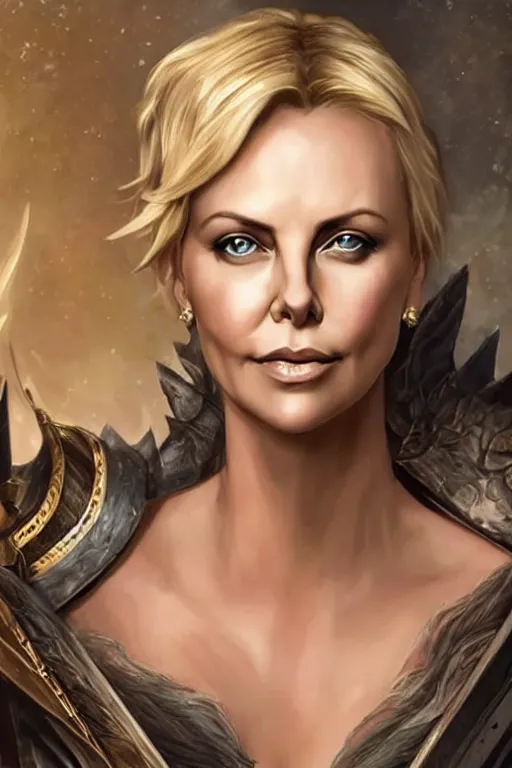 Prompt: charlize theron portrait as a dnd character fantasy art.