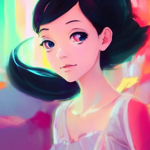 Image similar to portrait of a beautiful girl with dark hair dressed as a ballerina, ballet studio as the background, rich vivid colors, ambient lighting, dynamic lighting, 4 k, hq, official media, anime key visual, makoto shinkai, ilya kuvshinov, lois van baarle, rossdraws, detailed, trending on artstation