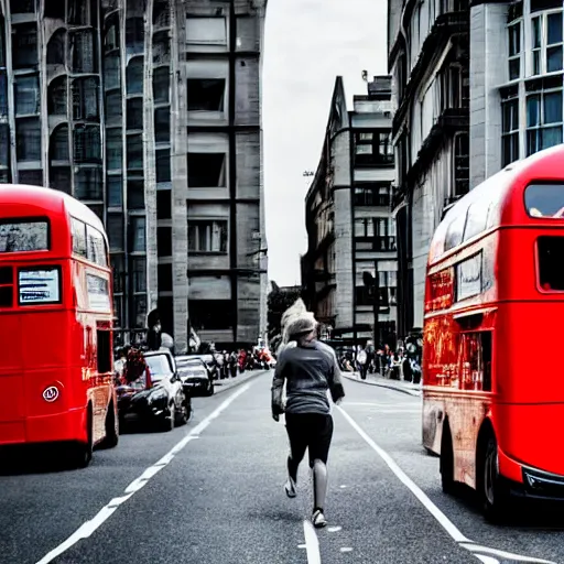 Image similar to a giant ant in a london street with a red double decker bus in it's jaws and people running in horror, photography, cinematic