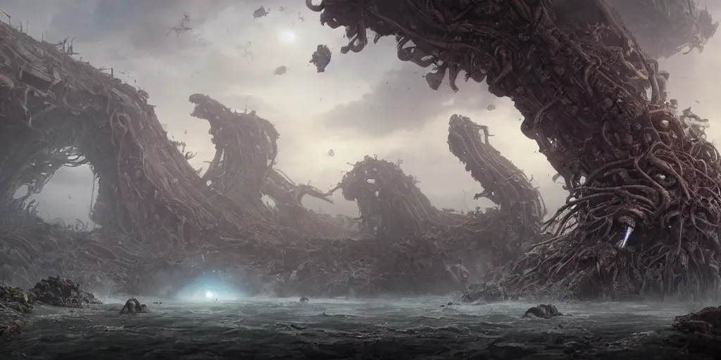 Image similar to Planet invasion of alien zombies, ressistance of the last warriors, overgrown, sea, rivers, waterfalls, Greg Rutkowski, Darek Zabrocki, Karlkka, Jayison Devadas, Phuoc Quan, trending on Artstation, 8K, ultra wide angle, pincushion lens effect