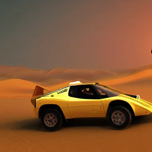 Image similar to Lancia Stratos Rally car Jumping over dunes in a desert, landscape, center composition, cinematic, rendered by simon stålenhag, rendered by Beeple, Makoto Shinkai, syd meade, environment concept, digital art, unreal engine, WLOP, trending on artstation, 4K UHD image, octane render,