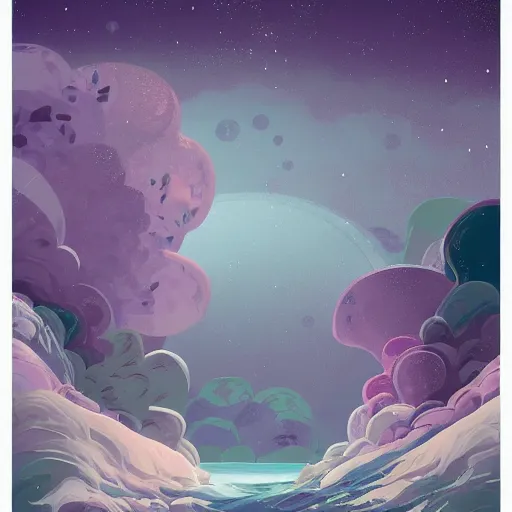 Image similar to sea under starry sky with reefs, collage, light purple tones, animated film, layers visible, stylised, illustration, fantasy art, 2 d game art, by eyvind earle, scott wills, genndy tartakovski, roman shipunov, etienne hebinger, atey ghailan, cgsociety, cynical realism