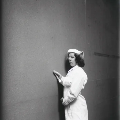 Prompt: nurse standing at wall, photo by wiliam egglestone