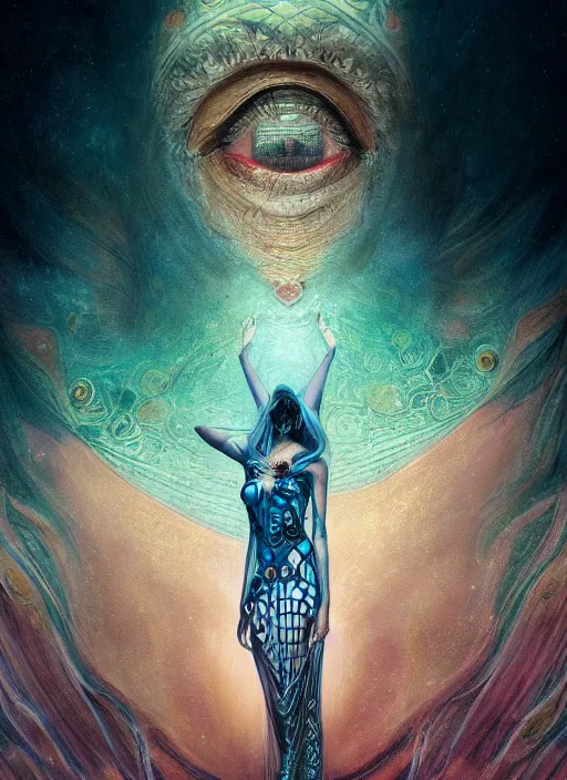 Prompt: epic portrait of menacing, agitated, anxious yet stunningly beautiful biomechanical djinn overseeing the iridescent fabric of the universe, by charlie bowater, mandy jurgens, gustav klimt, octane render, dramatic camera angle, 4k, 8k, high detail, HDR, by tom bagshaw, powerful, with inspiration from Beksinski, inspired by greek goddess Athena