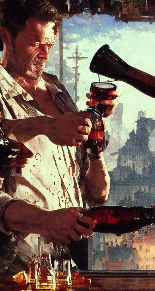 Image similar to close up of bloodied max payne pouring vodka, sun shining, photo realistic illustration by greg rutkowski, thomas kindkade, alphonse mucha, loish, norman rockwell.