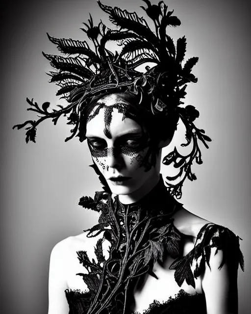 Image similar to surreal dark poetic black and white photo portrait of complex bio-mechanical beautiful young silver female vegetal-cyborg with a fur metal fine lace face, a very long neck and a fine metal floral foliage super big gothic lace collar and high floral crown by Vivienne Westwood:: smoke, high fashion, haute couture, rococo, avant-garde, dry black roses, silver filigree details, anatomical, facial muscles, cable wires, microchip, elegant, dreamy, foggy atmosphere, hyper realistic, 150 mm lens, soft rim light, octane render, unreal engine, picture was taken in 1910 by Man Ray, volumetric lighting, dramatic light,8k,