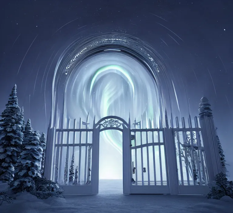 Image similar to a very detailed concept art of intricate and scandinavian white gates to aurora borealis, trending on artstation, symmetry, digital art, 4 k, hyper realistic, octane render, sharp focus