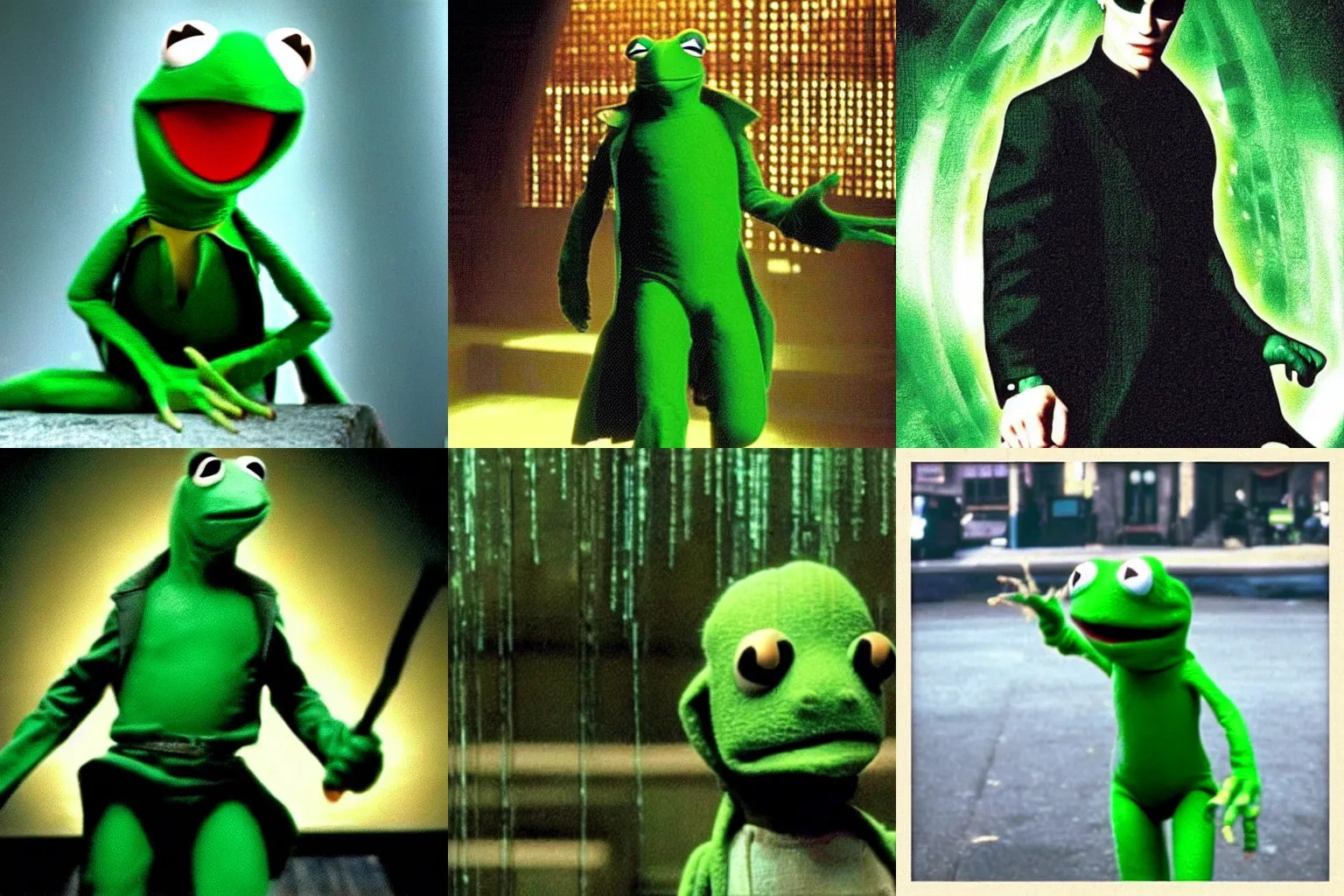 Prompt: “high quality screenshot of a scene from The Matrix (1999) starring Kermit The Frog”