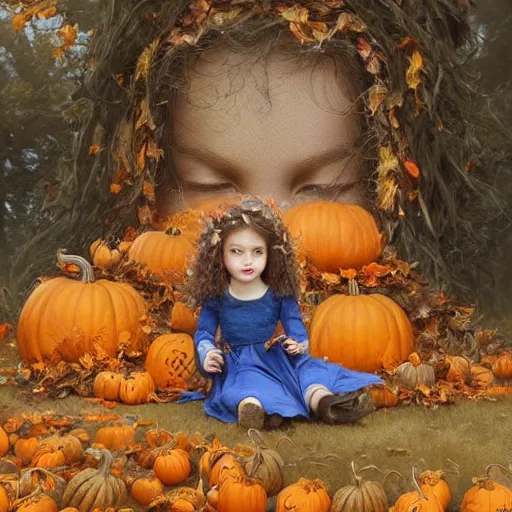 Image similar to a cute little girl with light brown wavy curly hair and blue eyes sitting amidst piles of pumpkins. beautiful cute highly detailed face. she is wearing a crown of autumn leaves. autumn and fall and halloween themed painting by artgerm and greg rutkowski and bouguereau.