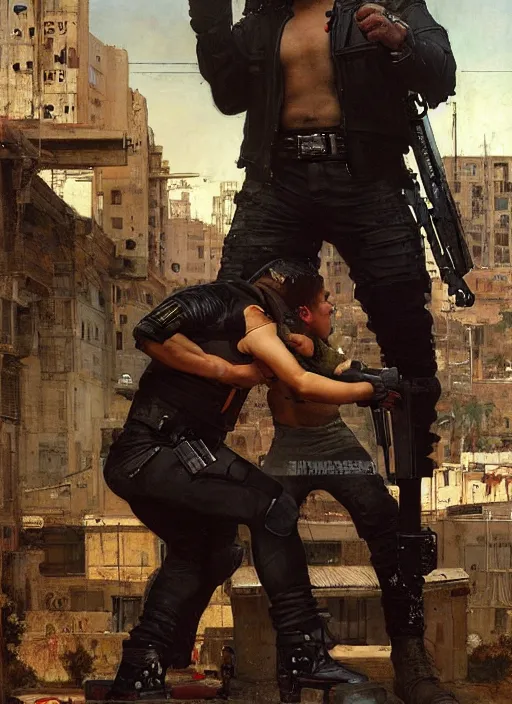 Prompt: big mike in a fight with little alex. cyberpunk meathead wearing a military vest and combat gear fighting small hacker. (Cyberpunk 2077, bladerunner 2049). Iranian orientalist portrait by john william waterhouse and Edwin Longsden Long and Theodore Ralli and Nasreddine Dinet, oil on canvas. Cinematic, hyper realism, realistic proportions, dramatic lighting, high detail 4k