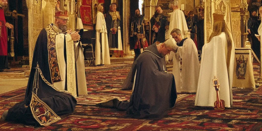 Image similar to photo of a medieval king kneeling before the pope, in a church. medium shot. but as a painting by sorolla