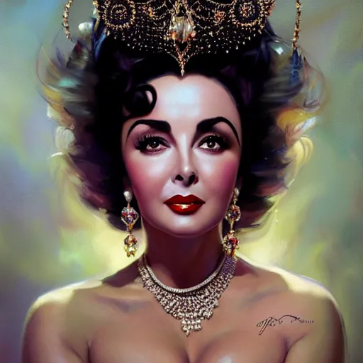 Prompt: expressive oil painting, of alluring elizabeth taylor, seductive look, smooth glowing skin, black dress, ornate headpiece made from flowers, glamour shot, by yoshitaka amano, by greg rutkowski, by jeremyg lipkinng, by artgerm, digital art, octane render, tattoos