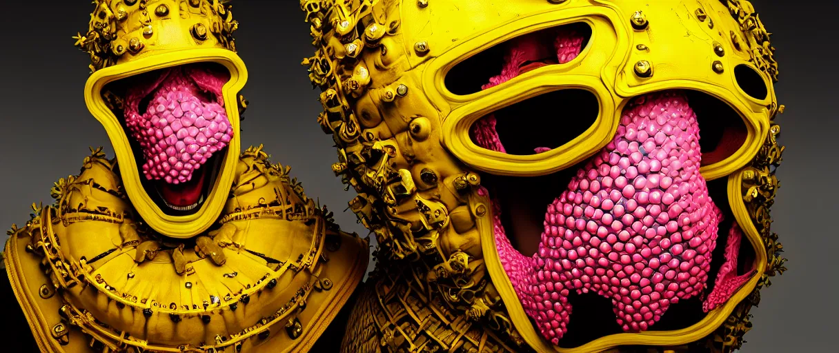 Image similar to hyperrealist highly detailed english medieval portrait of high fashion monster wearing car part yellow cab armor, radiating atomic neon corals, concept art pascal blanche dramatic studio lighting 8k wide angle shallow depth of field