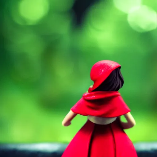 Image similar to a cinematic film still of a claymation stop motion film starring emma watson as little red riding hood, looking at wild wolf, shallow depth of field, 8 0 mm, f 1. 8