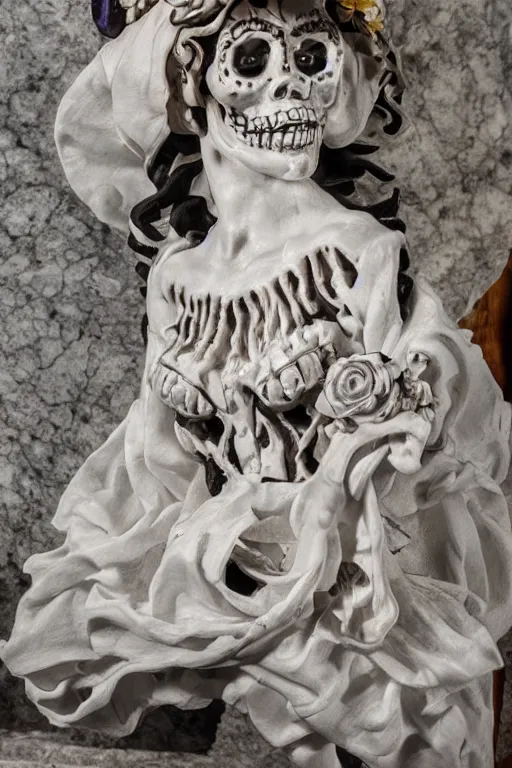 Image similar to Dramatic view of La catrina statue sculpted on white stained marble by Bernini and kris kuksi